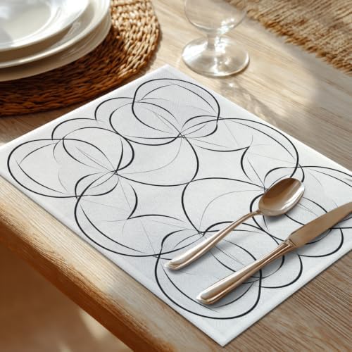 Shrahala Geometric Pattern Placemats, Symmetrical Circle Design Table Mat Linen Burlap Washable Double-Deck Heat Insulation for Dining/Kitchen Table Set of 6 (12 X 18 Inch)