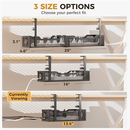 Under Desk Cable Management Tray Black, Cinati Wire Organizers No Drill, Cable Tray with Clamp for Wire Management, Cord Organization Box for Office, Home - No Damage to Desk