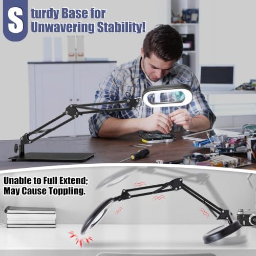 30X 12X Square Magnifying Glass with Light and Stand, Real Glass LED Lighted Magnifier, 5 Color Modes Stepless Dimmable, Hands-Free Mag Desk Lamp with Clamp for Reading Craft Hobby Close Work Black