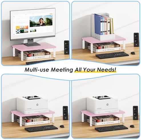 ECOLOVI Adjustable Wood Computer Monitor Stand Riser, Office Desk Organizer and Accessories for Monitor, Laptop, PC, Printer, Office Desk Accessories Workspace Organizer for Home Office Supplies, Pink