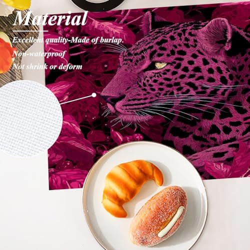 Shrahala Cute Leopard Set of 4 12 X 18 Inch Linen Placemats, Amaranth Leaves Pink and Black Burlap Table Mat Washable Double Layered Heat Insulation for Indoor/Outdoor
