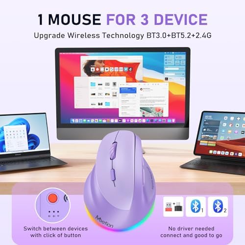 MEETION Left-Handed Ergonomic Mouse, Vertical RGB Wireless Design, Purple