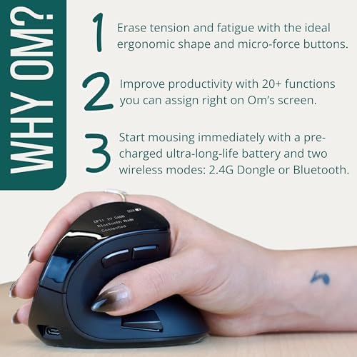 Ergodriven Om Vertical Ergonomic Mouse | Wireless: Bluetooth & 2.4G | Rechargeable, Optical, 4 DPI Levels, 5 Custom Buttons | for PC, Mac, Laptop, Computer | Silent Click | Copy/Paste Function