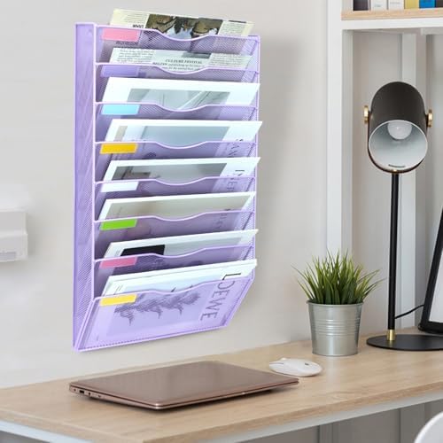 8 Pockets Mesh Wall File Holder Organizer Office Hanging File Folder Magazine Rack, Nametag Label Hooks Set Included (Purple)