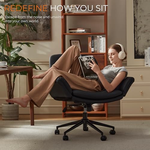 Dowinx Criss Cross Chair with Five-Level Adjustable Arms and Wheels - Comfortable Ergonomic PU Leather Swivel Vanity Chair - Computer Makeup Gaming Chair for Home Office,Bedroom,Vanity Room-Light Grey