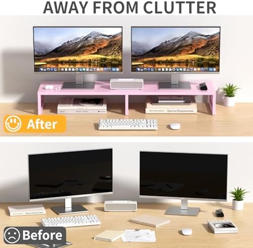 Dual Computer Monitor Stand Riser, Desk Organizers and Accessories, Printer & TV Stand, Desk Shelf, Office Desk Accessories & Desktop Workspace Organizer for Office Supplies, Pink