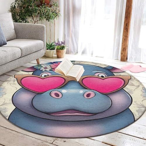 Large Machine Washable Circular Rugs, Home Decor Round Mat for Living Room Sofa Office Hippo with Heart Glasses