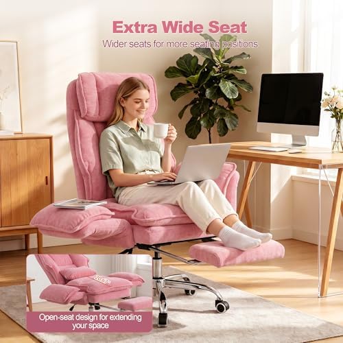 Office Chair with Flip Armrests & Foot Rest,Criss Cross Legged Home Office Desk Chair with Pet Seat,Ergonomic Reclining Computer Gaming Chair,High Back Executive Chair with Lumbar Pillow (Pink)