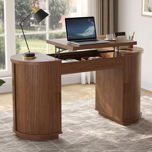 ONBRILL 59 Inches Office Desk with Lift Top, Fluted Executive Desk Walnut