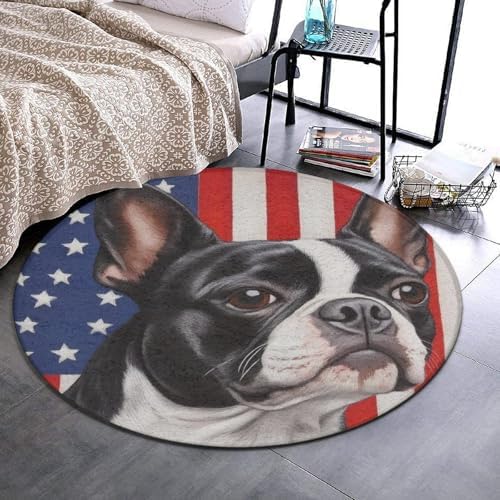 Machine Washable Modern Round Area Rug, Room Sofa Yoga Soft Round Carpet, Home Decor Non Slip Kitchen Office Circle Rug American US Flag Boston Terrier, 60inch