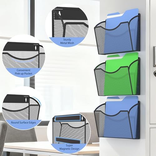 Gawerk Mesh Hanging Wall File Holders, Metal Vertical Wall Basket Mail Organizer for Office/Home (Black, 3 Pack Magnetic)