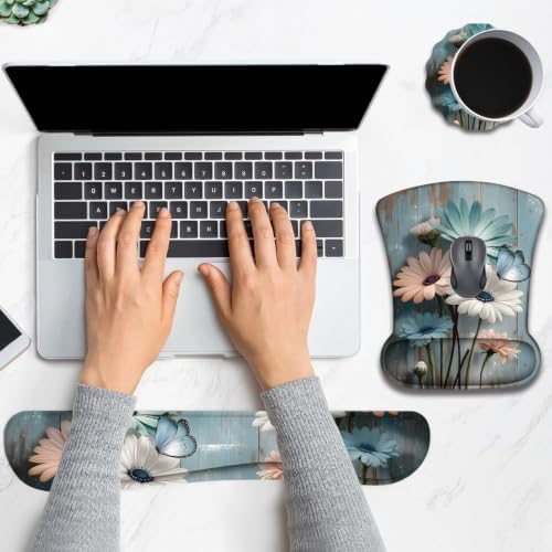 Ergonomic Keyboard Wrist Rest & Mouse Wrist Support Set with Lace Coaster, Gel Memory Foam Anti-Slip Base, Pain Relief for Typing, Floral Butterfly