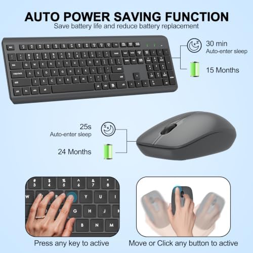 Wireless Keyboard and Mouse Combo, Full-Size Silent Ergonomic Keyboard and Optical Mouse, Long Battery Life, 2.4G Lag-Free Mice Keyboard for Computer, Mac, Laptop, PC, Windows(Gray)
