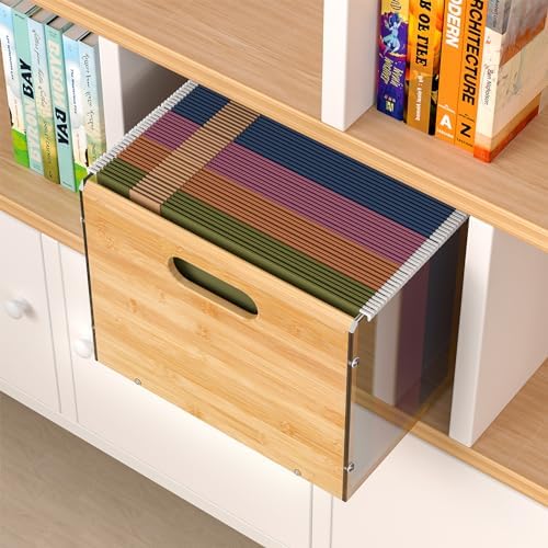 Sbanmao Letter/Legal Bamboo Acrylic File Box Organizer, Hanging File Folder Storage Boxes, Decorative Document Crate Transparent Filing Bin with Handle for Home Office Desk