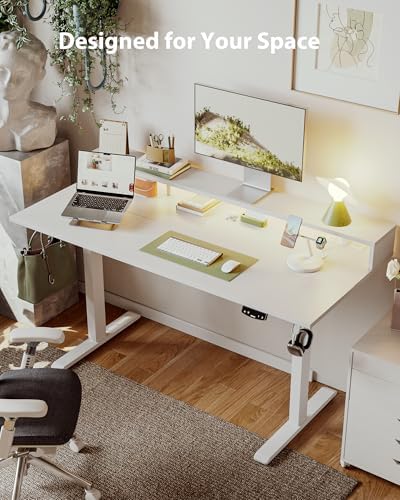 Agilestic 55 * 24 Inch Electric Standing Desk with Shelf & Led, White