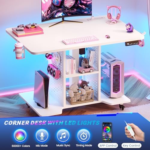 SEDETA Small Standing Gaming Desk, 31.5" Rolling Computer PC Desk Electric Height Adjustable with Power Outlet, Pegboard & Storage Shelves, RGB LED Light, for Small Spaces/Bedroom/Gaming, White