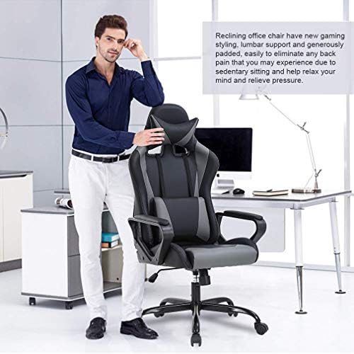 Grey Gaming Chair PC Office Chair, High Back Computer Chair Gaming Chairs for Adults, Ergonomic Desk Chair Office Gaming Chair with Wheels, Reclining Gamer Chair, Adjustable Headrest Lumbar Support