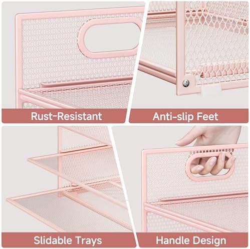 Pink Paper Organizer for Desk with Handle, 6-Tier