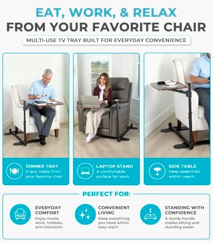 Stander Wonder Tray Plus, Adjustable Recliner Swivel TV Tray with Standing Handle for Seniors & Elderly Adults, Walnut Laptop Desk for Couches & Chairs, Mobility Aid Sit and Stand Assist