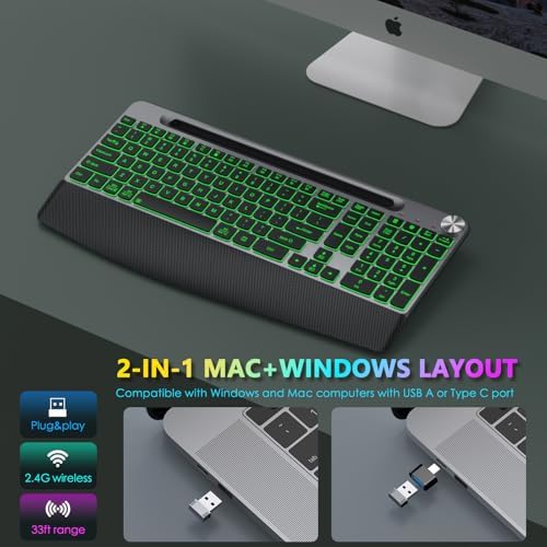 GAMCATZ Ergonomic Backlit Wireless Keyboard with Wrist Rest-Low-Profile,Phone/Tablet Holder,Rechargeable with Light Up Keyboard,Cordless Quiet Computer Keyboard for Desktop,Laptop, PC, Mac-Grey
