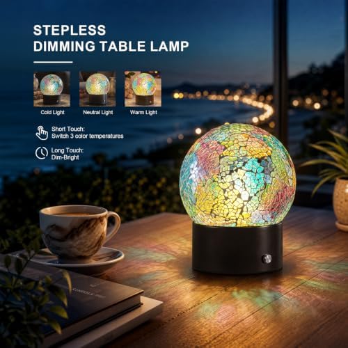 Oneach 6.5" Mini Mosaic Glass Cordless Rechargeable Battery Table Lamp