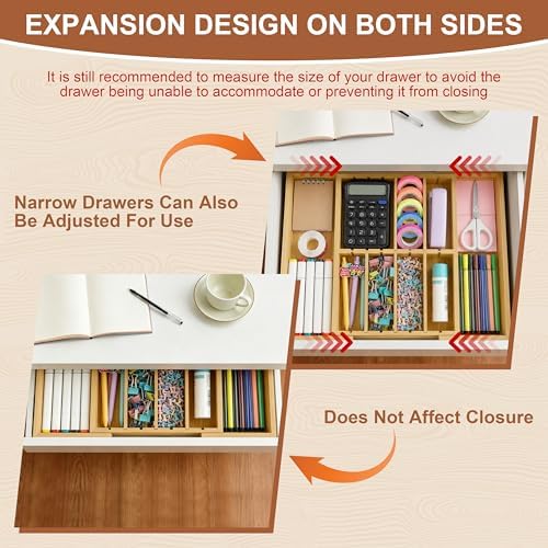 TREWAVE Bamboo Desk Drawer Organizer, Expandable Drawer Organizer Tray