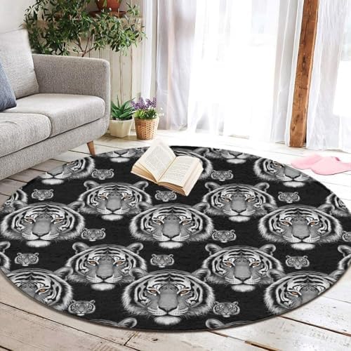 Large Machine Washable Circular Rugs, Home Decor Round Mat for Living Room Sofa Office Animal Tiger Black, 60inch