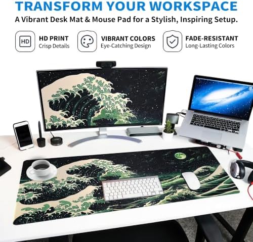 Extended Japanese Great Wave Desk Mat, XXL Large Gaming Mouse Pad, Moonlit Ocean Stitched Edges Waterproof with Non-Slip Rubber Base for Computer Keyboard Laptop Work Home Office 35.4"x15.7"