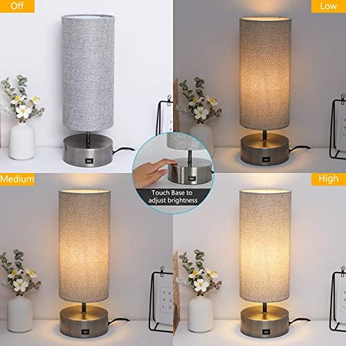 Haian Support 3-Way Dimmable Touch Control Table Lamp with USB Charging Port Set of 2,Modern Nightstand Bedside Desk Lamp with Grey Fabric Lampshade for Living Room,Bedroom,Study Room,LED Bulb Include