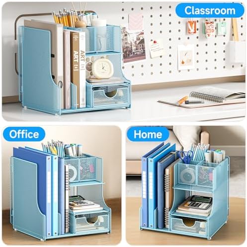 Lavatino Desk Organizer – 4-in-1 Blue Mesh Office Supplies Organizer with Pen Holder, File Holder, Desktop Tray, and Drawer for Home, Office, Classroom