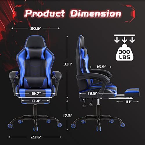 Shahoo Gaming Chair with Footrest and Massage Lumbar Support, Ergonomic Computer Chairs 360°Swivel and Height Adjustable Seat with Headrest for Office or Bedroom, Study Room, Blue