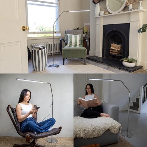 daylight Slimline 4™ LED Floor Lamp in Brushed Steel - 6,000K, 3,200 Lux, 4 Brightness Levels, USB-C Charging Port, Anti-Glare Diffuser, Flexible Design, Art & Craft, Sewing, Nail Salon