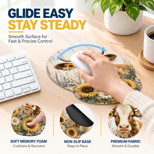 Fun Sunflower Cow Mouse Pad with Wrist Rest, Keyboard Support and Coaster