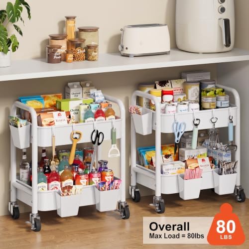 2 Tier Small Rolling Cart Metal with Wheels, White Under Desk Storage Carts