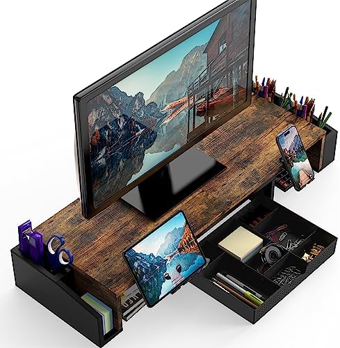 Simple Houseware Desk Dual Monitor Stand Riser with Drawer, Rustic Brown