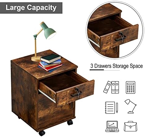 OFCASA File Cabinet with Lock, Small Rolling Filing Cabinets for Home Office, 1-Drawer Wood Under Desk File Cabinet with Wheels, Mobile Storage Organizer/Printer Stand for Letter/Legal, Rustic Brown