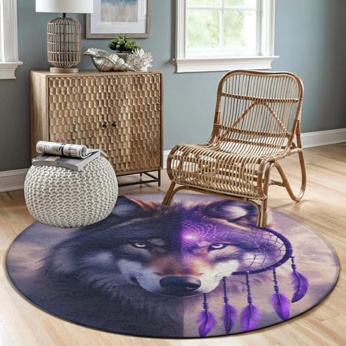 Soft Round Yoga Carpet, Office Chair Decor Round Mat for Carpet and Hardwood Floors Dream Catcher Wolf