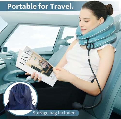 S Cervical Neck Traction Device for Neck Pain Relief - Inflatable Neck Stretcher Traction Collar for Neck Decompression - Best Home Use Neck Brace Pump (Blue Plush)