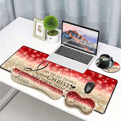 Large Gaming Mouse Pad, Keyboard Wrist Rest pad + Mouse Wrist pad + Coaster Set Extended Waterproof Non-Slip Table mat Suitable for Home Office Learning Games - Bible Verse Pink Philippians 4-13