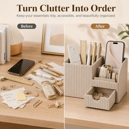 KINGFOM Luxury PU Leather Desk Organizer with Drawer, Modern Aesthetic Office Desk Accessories for Men & Women, Multi-Compartment Pen Holder & Desktop Storage Organizer for Home Office