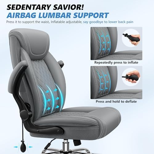 BestGlory Executive Office Chair with Lumbar Support, Big and Tall Ergonomic Computer Desk Chair, Leather Comfy High Back Gaming Chair with Flip Up Arms & Rocking Function for Home Office, Gray