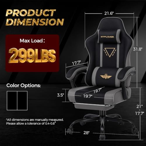 GTPLAYER Video Gaming Chair Fabric, Ergonomic Computer Chair with Footrest and Pocket Spring Cushion, Height Adjustable Video Gamer Chair with Lumbar Support for Adults, Gray