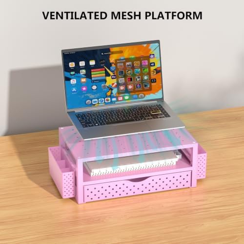 WALI Desk Organizer with Drawer and Pen Holder, 3 Tier Computer Monitor Stand for Home Office Supplies, Laptop Stand Riser for Computer, Laptop, Printer(PTT004-P), 1 Pack, Pink