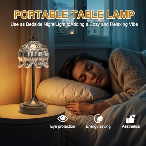 Cordless Table Lamp, Rechargeable Black Glass Lotus Flower Lamp