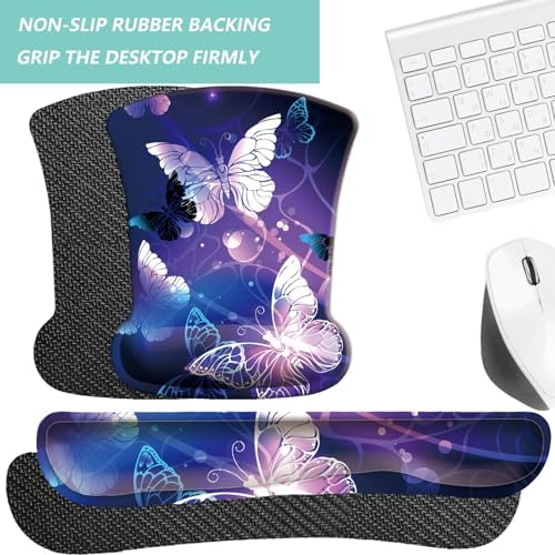 Keyboard Wrist Rest Pad Mouse Pad with Wrist Support Set of 3, Gaming Mousepad with Non-Slip Rubber Base, Ergonomic Memory Foam Mouse Cushion Support for Home Office Laptop Computer, Butterfly