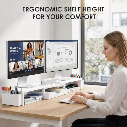 OPNICE Desk Organizers and Accessories, Dual Monitor Stand Riser with Drawer and 2 Pen Holders, Desk Shelf Printer Stand for Office Workspace Organizers, Desktop Organization (White)
