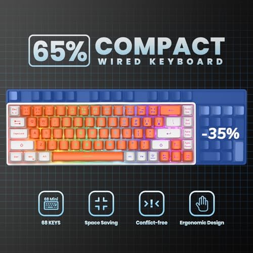 GEODMAER 65% Gaming Keyboard, LED Backlit Mini Wired Keyboard, Ultra-Compact Anti-Ghosting No-Conflict 68 Keys Membrane Gaming Wired Keyboard for PC Laptop Windows Gamer(Orange-White)