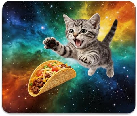 Adorable Space Cat Chasing Taco Mouse Pad, Rainbow Galaxy Durable Desk Mat