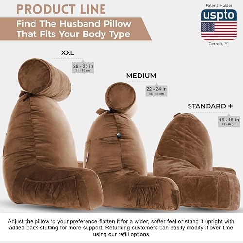 Husband Pillow XXL The Original for Adults - 30" Tall Backrest for Sitting Up in Bed - Firm Support Reading & Bed Rest Pillows for Adults, Neck Roll, Removable Cover - TV - Chocolate