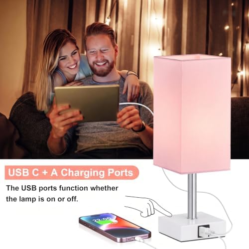 Touch Table Lamps Set of 2 for Bedroom - Dimmable, USB C+A, White Base